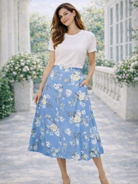 Vintage Plus Preferred Blue Floral Midi Skirt Made in Canada Size XL